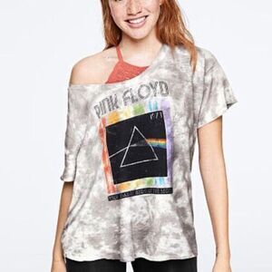 Victoria's Secret PINK FLOYD T-Shirt Off Shoulder X-Small Knit Riot Gray Tie Dye